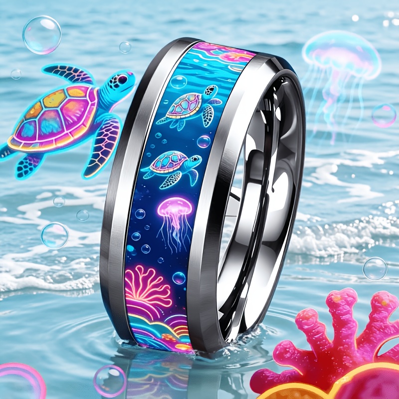 Silver Coral Ocean Turtle Ring, Stainless Steel